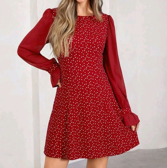 Women's Red Polka Dot Round Neck Long Sleeve Short Dress,Elegant Everyday Wear - Picture 1 of 5